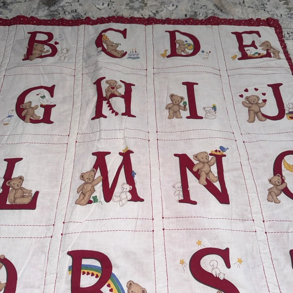 Homemade Quilted Baby Quilt ABC with Teddy Bears VINTAGE 35x32